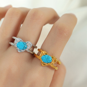 European American Style Retro Heart Shape <b>Titanium</b> Steel Open <b>Ring</b> With Tiger Eye Turquoise Niche Design Unisex Gift Jewelry - Product Image 3