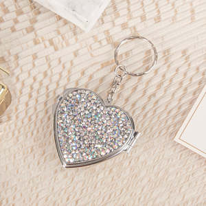 Mini Heart Bling Crystal Rhinestone <b>Compact</b> <b>Mirror</b> with Keychain Silver Metal Frame Dual Sided HD Glass Pocket <b>Mirror</b> - Product Image 1
