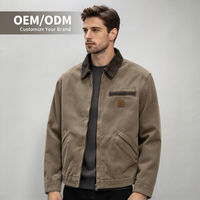 Maßgeschneiderte Herren Detroit Arbeitsjacke mit Cordkragen, Schwere Gewaschene Canvas-Jacke, Warmer Reißverschluss, Vintage Amerikanischer Stil