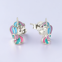 Boucles d'oreilles clous QX licorne émaillée colorée pour femme, en argent sterling 925, mignonnes, fantaisie, animales, vente en gros, personnalisables