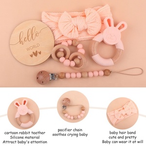 Set regalo di cartone animato per bambini fascia in cotone Silicone legno perline ciuccio catena pietre miliari coniglio dentiere anello Set - Product Image 5