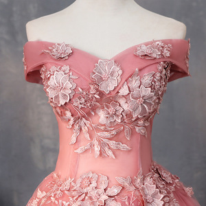 Pink Off The Shoulder A Line Floral Print Evening Dress Empire Waist Short Sleeve Bridesmaid Dress Spring Wedding - Product Image 3