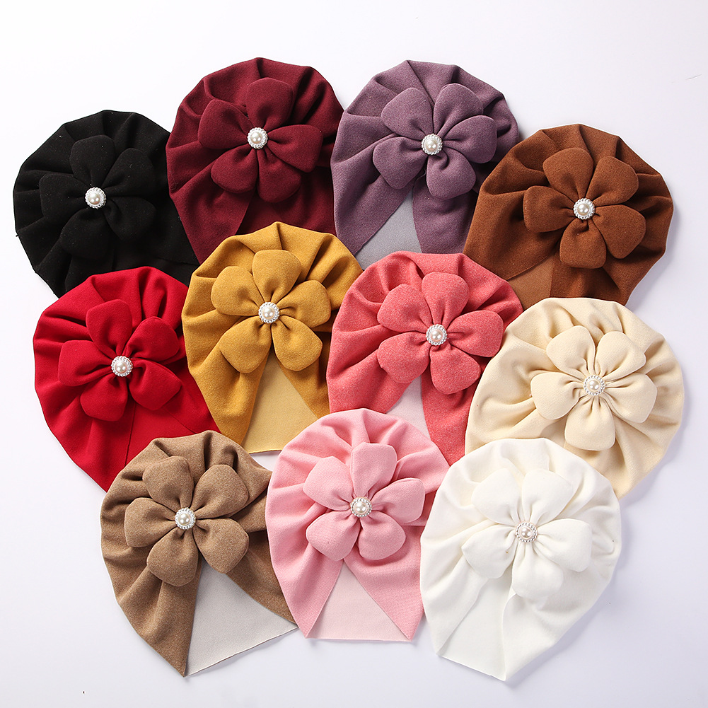 Gorro de invierno Go Party para bebé recién nacido, gorro suave de lana acrílica con perlas y flores, turbante, sombreros para niños pequeños y niñas