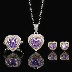 Fashion Eco-friendly Copper Two Tone Heart 10*10-6*6mm Purple High Carbon Diamond Jewelry Wedding Necklace <b>Earrings</b> Ring <b>Set</b> - Product Image 3