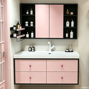 Mueble de Baño Moderno de Mediados de Siglo, Estilo <span class=keywords><strong>Bauhaus</strong></span>, con Espejo Pintado en Cerámica, Paneles Laterales Negros y Rosas, Gabinete de Almacenamiento - Product Image 2