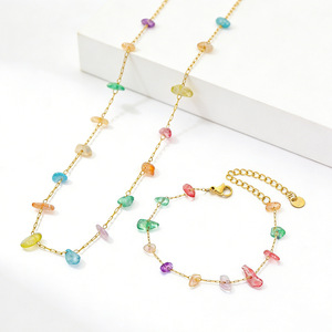 Irregular Colored Stone Necklace And <b>Bracelet</b> <b>Set</b> For Women Fashionable Party Jewelry Zinc Alloy Gold Tone - Product Image 2