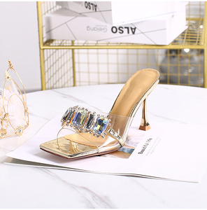 Nouvelles sandales d'été 2022 à talons hauts, style stiletto métallique, bout ouvert, strass, transparentes, à lanières croisées - Product Image 5