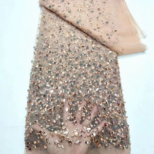 قماش دانتيل فرنسي أنيق عالي الجودة مزين بالخرز يدويًا مع الترتر والزهور الملونة للزفاف والحفلات - Product Image 1