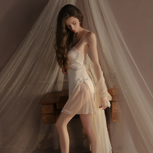 Nouvelle tenue de nuit sexy en satin soyeux et dentelle, avec coussinets de poitrine, respirante, tentatrice, dos nu et à bretelles - Product Image 6