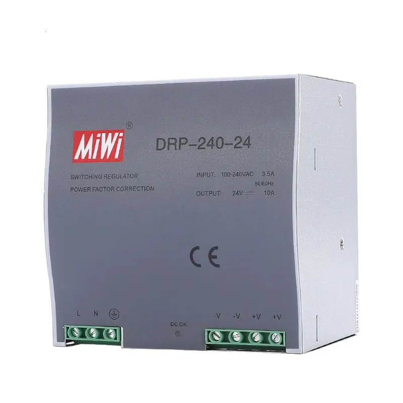 MiWi DRP-240-24 Alta qualidade 240W Din Rail SMPS 24v 10 amp dc comutação de alimentação 24vdc 10a com função fator de potência