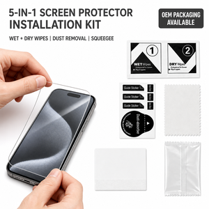 Kit d'installation de protection d'écran de téléphone 5-en-1 avec lingettes humides et sèches, autocollants anti-poussière, carte de démontage et chiffon en microfibre - Product Image 1