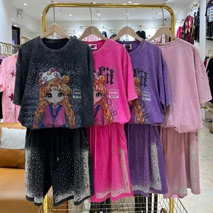 Set <span class=keywords><strong>Donna</strong></span> con T-Shirt a Maniche Corte <span class=keywords><strong>e</strong></span> Pantaloncini con Design Cartoon in Strass, Popolare Set in 100% Cotone OC1082 - Product Image 4