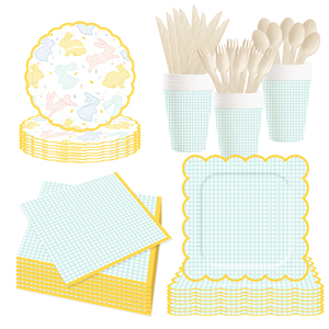 DAMAI Easter Party Theme Decor Bulk Wholesale Set Green Check Easter Rabbit Paper Plates Tablecloth Party Disposable Tableware - Product Image 2