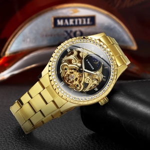 WINNER Tourbillon Montre de luxe pour hommes Crystal Case Squelette Gravé Phase de Lune Cadran Mécanique Bracelet en acier inoxydable relogio - Product Image 5