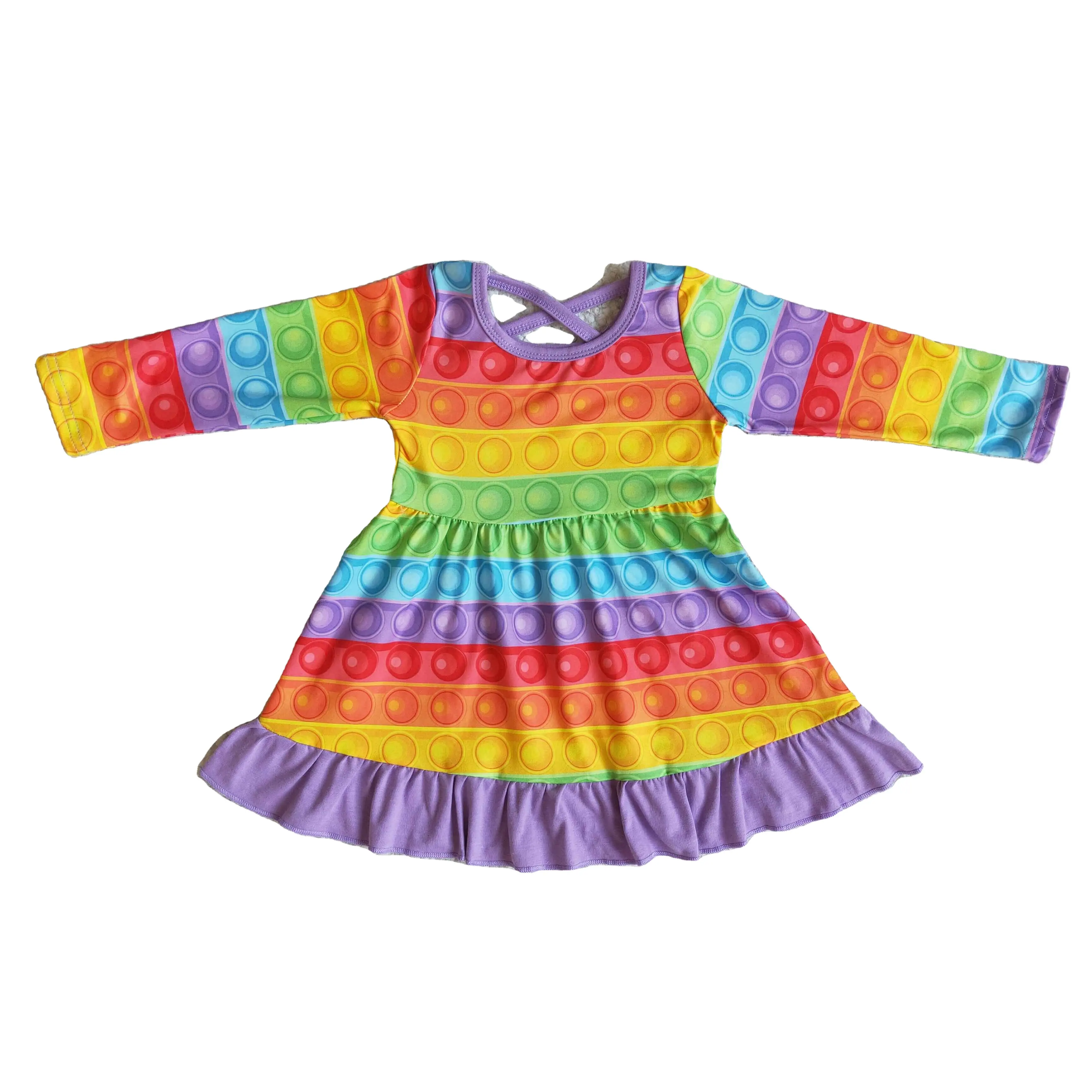 Venta caliente ODM OEM RTS niñas popping vestido niño boutique otoño vestido niños Arco Iris vestidos