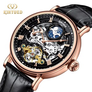 Drop Shipping KINYUED Men's Mechanical <b>Watch</b> <b>Skeleton</b> Dial Moon Phase Genuine Leather Band Waterproof 3BAR Luminous Display - Product Image 2