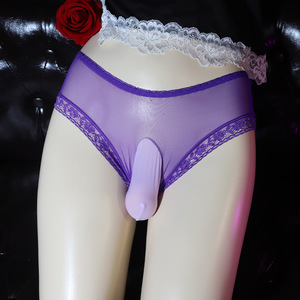 Men Transparent Lace Briefs Mid-Rise Breathable Solid Color Erotic Underwear Purple - Product Image 1