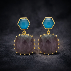Nouvelle Arrivée Boucles d'Oreilles Pendantes Ethniques en Améthyste et Calcédoine Bleue Hydro, en Alliage Métallique Précieux Plaqué Or, Faites à la Main, pour Fiançailles - Product Image 2