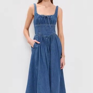 Vestido de Mezclilla Ecológico de Verano, Elegante, Corte A, Casual, para Mujer, Ajustado, Sin Mangas, con Parches, Tejido, para Uso Diario - Product Image 1