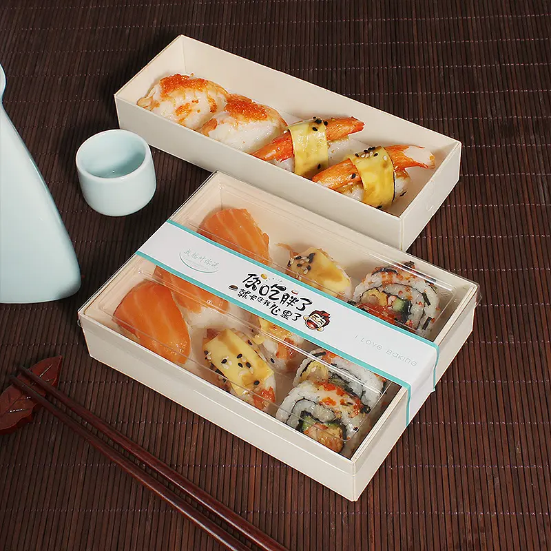 Tùy chỉnh dùng một lần sang trọng bằng gỗ Sushi bánh sandwich hộp với nắp rõ ràng