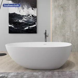 Solid Surface Bathtub Oval Design Solid Glossy Surface Faux Stone Bathtub Artificial Marble Simple Freestanding Bath Tub