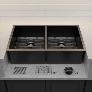 Évier de cuisine double à encastrer noir canon de fusil 33x19 pouces, calibre 16, division 50/50, finition mate, facile à nettoyer - Product Image 2