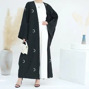 2024 yüksek kalite açık Abaya zarif keten kumaş Abayas 2024 ay kabartmalı nakış moda hırka kadınlar Abaya