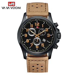Montre chronographe de course pour homme, boîtier noir, accent doré, bracelet en cuir perforé, montre-bracelet de sport - Product Image 1