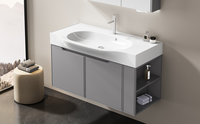 Meuble de salle de bain en contreplaqué avec miroir gris, vasque flottante, éclairage LED tactile intelligent, double porte, étagères latérales de rangement pour appartement