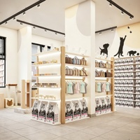 Aménagement intérieur de magasin d'articles pour animaux de compagnie, mobilier de présentation sur mesure pour animalerie, présentoir pour aliments pour chats, rénovation de magasin
