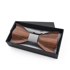 Nœud papillon en <span class=keywords><strong>bois</strong></span> 3D pour hommes, <span class=keywords><strong>mouchoir</strong></span> motif rayé avec boutons de manchette, boîte cadeau - Product Image 3