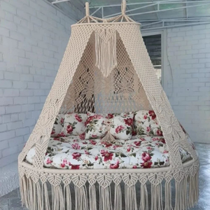 Macramé Hanging Patio Swing Chair Floral Mattress with Cushioned Canopy Outdoor Lounge Furniture Seat 2 People Bohemian Style - Product Image 3