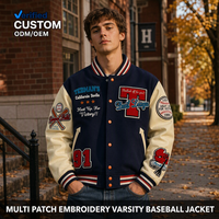 Veste de baseball personnalisée en laine avec broderie chenille multi-patches, manches en cuir, style universitaire marine, OEM pour hommes, streetwear