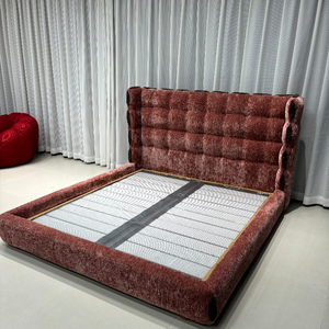 <span class=keywords><strong>Lit</strong></span> plateforme double XL moderne et luxueux en pin massif, durable, pour chambre à coucher ou hôtel, avec tissu Shynell gaufré, rose doux et moelleux de qualité supérieure - Product Image 4