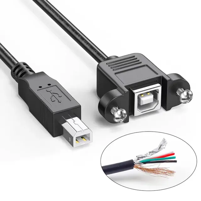 USB 2.0 Printer Cable Straight Plug 90 Degree Elbow Square Plug USB Type B Male to Type B Female Extend Wire with Panel Mount