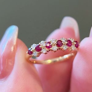 Bague de fiançailles et de mariage Xinfly Bride, vintage, antique, en or massif 18 carats, avec pierre précieuse, rubis rouge sang de pigeon et diamant pour femme - Product Image 1