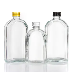 Clear Flat Flask Liquor Bottle Square 350ml Whiskey Bottle Glass Alcohol Spirits Glass Bottle with Lid