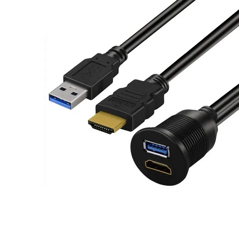 USB Flush Mount Cable USB 3.0 HDMI Male to Female Waterproof Cable for Dashboard HDMI Panel Mount Extension Cable