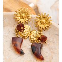JINYOU 3511 Nouveauté Boucles d'oreilles pendantes en acier inoxydable plaqué or, forme géométrique en acrylique rouge foncé et ivoire