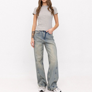 Pantalones Vaqueros de Mezclilla <span class=keywords><strong>para</strong></span> <span class=keywords><strong>Mujer</strong></span>, Estilo Urbano, Cintura Alta, Pierna Recta, Corte Holgado, Estilo Boyfriend, Fabricación Personalizada - Product Image 3
