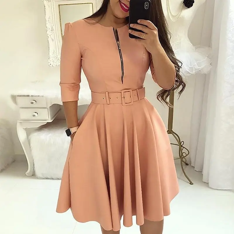 Y208105 autumn half sleeves elegant tunic evening dress female O-neck solid color zipper tie pleated dress with belt