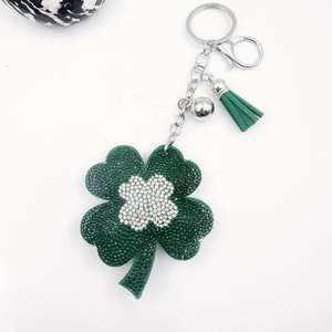 New Sparkling Diamond <b>Studded</b> Shamrock Clover Key Chains Korean Flannel Tassel Keyring Car <b>Bag</b> Pendant for St.Patrick's Day Gift - Product Image 2