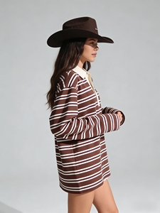 <span class=keywords><strong>Polo</strong></span> décontracté surdimensionné à manches longues pour <span class=keywords><strong>femme</strong></span>, style streetwear Y2K, rayures marron et blanches, col contrastant - Product Image 2