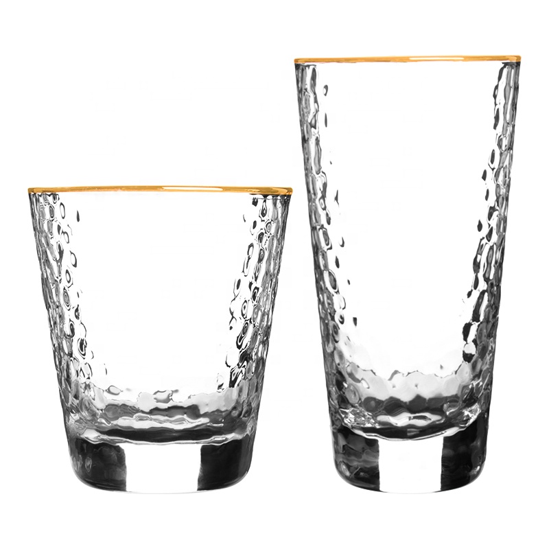 Stocked Cheap Household Hammered Beverage Drinking Water Whiskey Glass Cup with Gold Rim