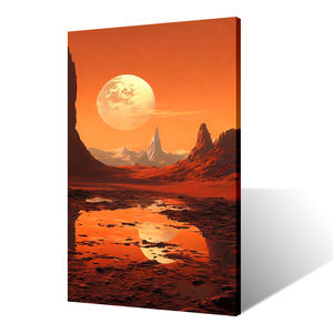 Impression sur toile suspendue carrée art déco avec peinture en aérosol de montagne extraterrestre ciel cramoisi silhouette planétaire - Product Image 2