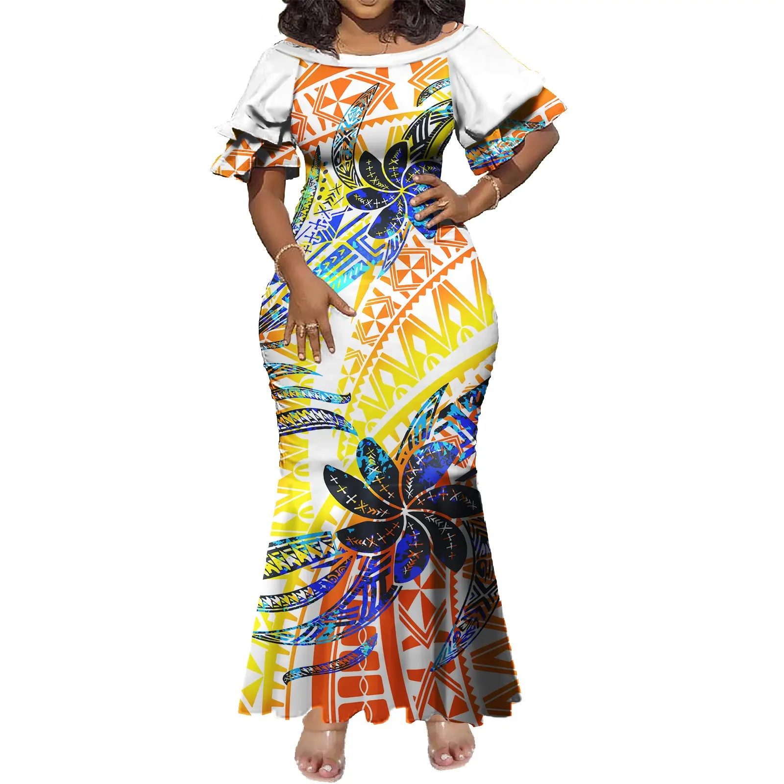 Wholesale Custom Big People Maxi Dresses Print Polynesian Samoan Tribal Pattern Design Elegant Casual Fishtail Dress