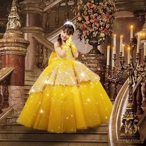 Vestidos de Niña de las Flores Amarillos Personalizados <span class=keywords><strong>para</strong></span> Bodas, Apliques Dorados, Largo hasta el Suelo con Lazo, <span class=keywords><strong>Vestido</strong></span> de Fiesta de Cumpleaños, Primera Comunión, Baile - Product Image 1