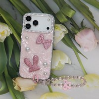Coque de téléphone antichoc avec nœud 3D en strass et dragonne en perles pour iPhone X 11 12 13 15 16 17 Samsung S26