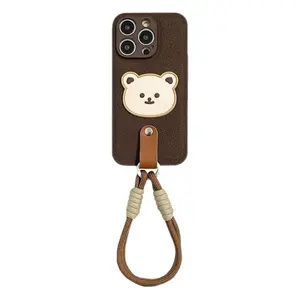 Hot Sale PU Soft Phone Replacement Shell Cartoon Bear Phone Back Case Cover with Phone Strap for iPhone 15 14 13 12 11 Series