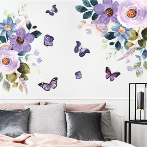 Autocollants muraux roses et papillons sauvages violets, décoration de salon, fond de télévision, bureau, maison, décoration de chambre romantique